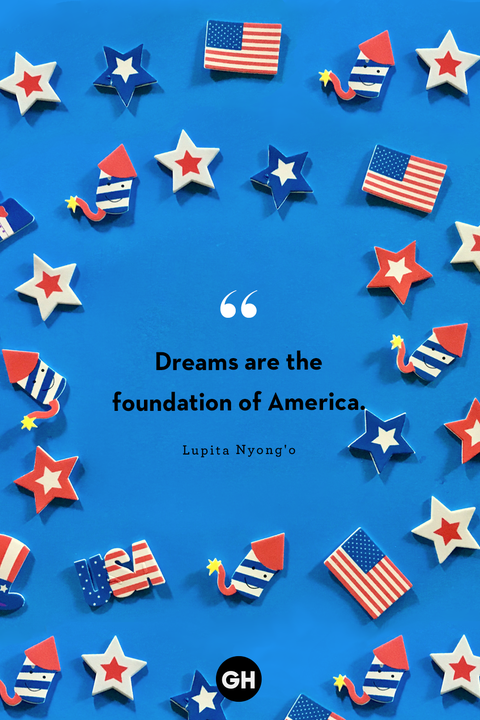 black text on royal blue background with red white and blue stars, flags and fireworks reading dreams are the foundation of america by lupita nyong'o