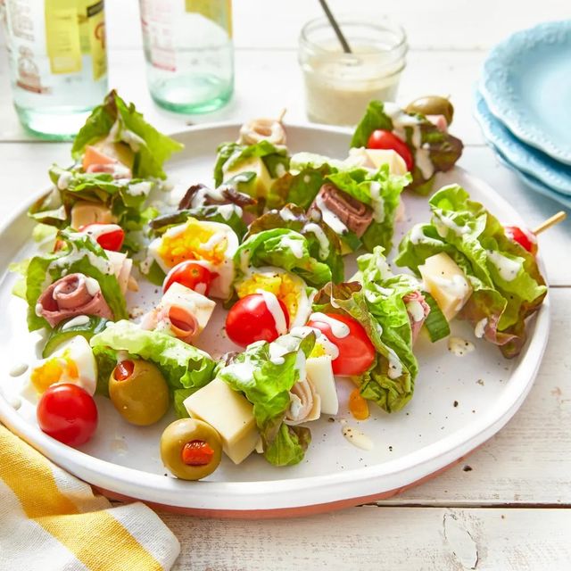 salad on a stick with olives