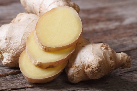 Fragrant fresh chopped ginger slices on the table