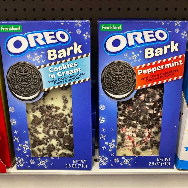frankford candy oreo bark in cookies 'n cream and peppermint flavors
