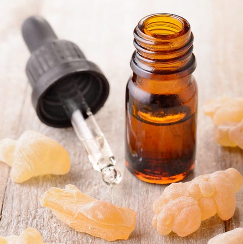 Frankincense essential oil on the table