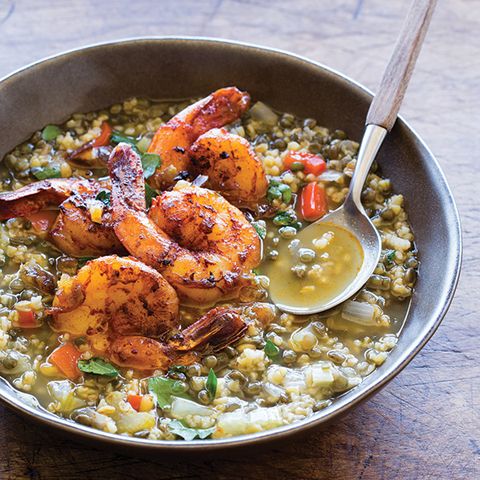 Freekeh Soup with Spicy Harissa Shrimp and Dates