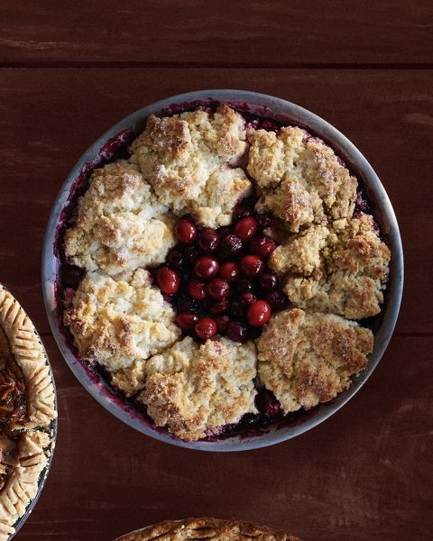 cranberry cherry cobbler pie in a round baking dish