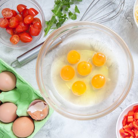 fresh vegetables, eggs and cheese ingredients for healthy breakfast