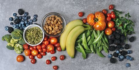 fresh vegetables, fruits, and nuts