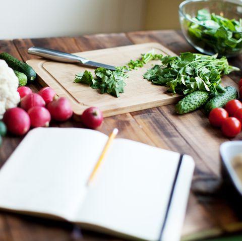 meal prep, journal surrounded by fresh vegetables