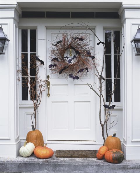 Front door decorated for Halloween