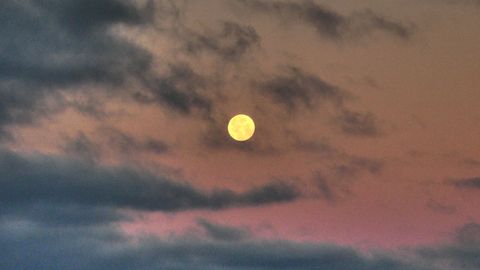 full moon at day rise in a pink sky