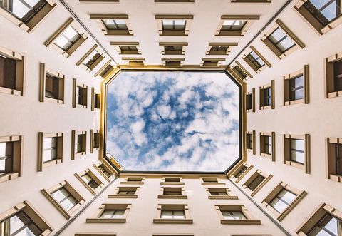Blue, Daytime, Architecture, Building, Daylighting, Symmetry, Sky, Ceiling, Window, Room, 