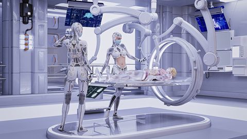 Futuristic nurses repairing cyborg