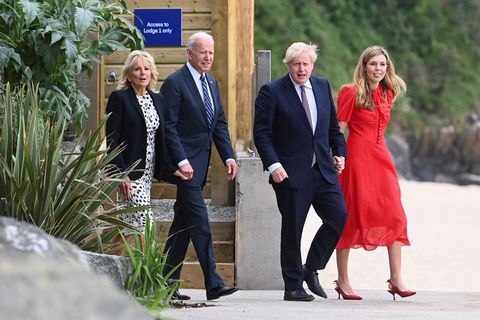 carbis bay, england   june 10 britain's prime minister boris johnson, his wife carrie johnson and us president joe biden with first lady jill biden walk outside carbis bay hotel, on june 10, 2021 near st ives, england uk prime minister, boris johnson, will host leaders from the usa, japan, germany, france, italy and canada at the g7 summit that begins on friday, june 11 2021 photo by toby melville   wpa poolgetty images