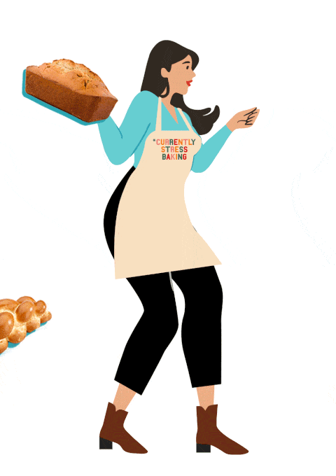 gal with apron, banana bread and challah