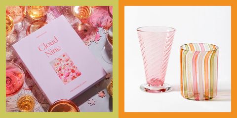a puzzle and a set of pink glassware