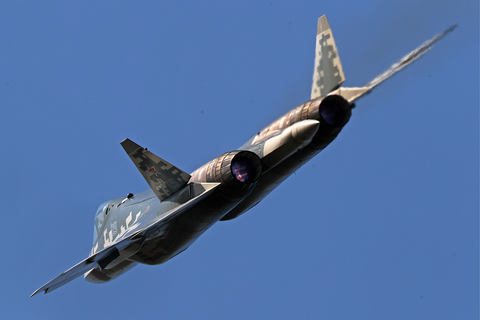 MAKS 2019 air show continues in Zhukovsky, outside Moscow moscow region, russia august 29, 2019 a sukhoi su 57 jet fighter in flight at the maks 2019 international aviation and space salon in the town of zhukovsky, moscow region sergei bobylevtass photo by sergei bobylevtass via getty images
