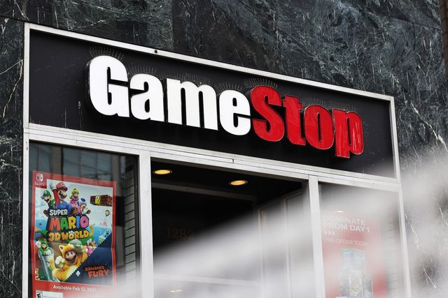 new york, new york   january 27 gamestop store signage is seen on january 27, 2021 in new york city stock shares of videogame retailer gamestop corp has increased 700 in the past two weeks due to amateur investors photo by michael m santiagogetty images