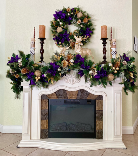 purple christmas decor over mantel