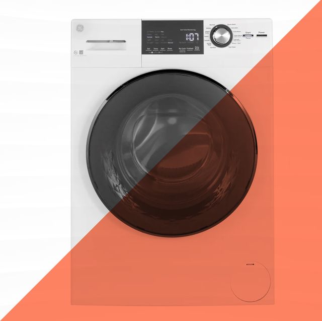 ge front load washer in white against orange and white background