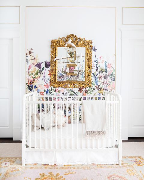white crib and gold mirror n modern nursey