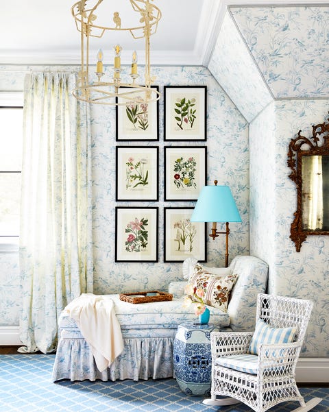 blue sitting area in traditional nursery