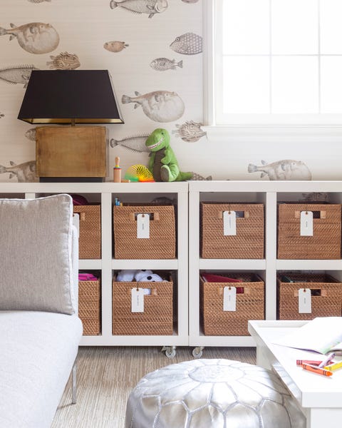 gender neutral kids room with labeled containers