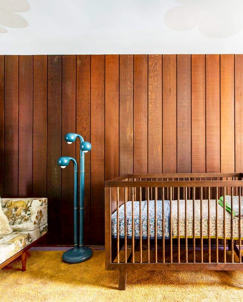 gender neutral nursery with midcentury modern style