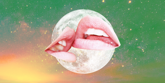 two lips gently kiss over a full moon