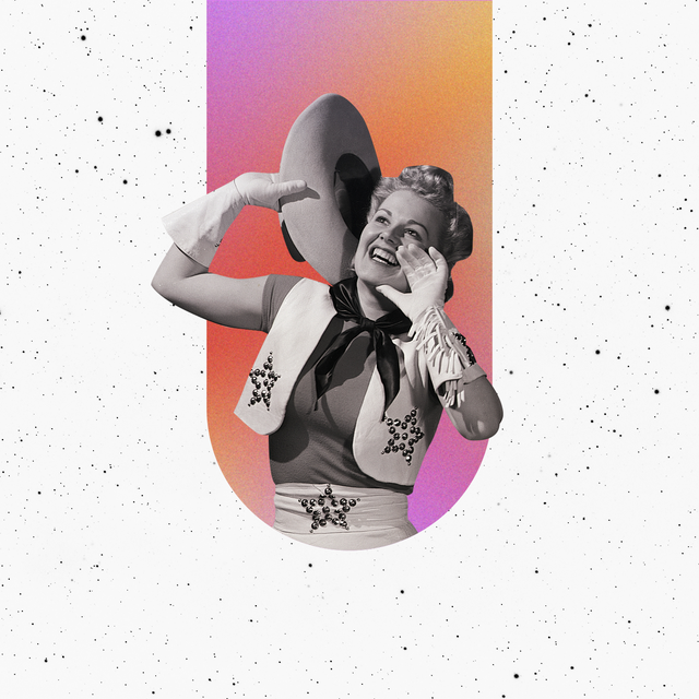 a black and white cutout of a woman in a cowgirl outfit is placed over a rainbow background