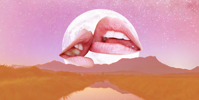 two lips kiss over a full moon in a pink landscape