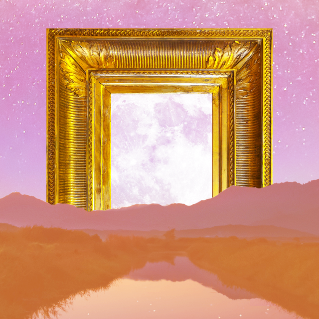 a full moon rises over a pink landscape behind a gold picture frame