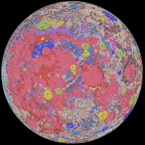 two colorful detailed maps of the moon with a black background