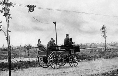 Germany, Berlin. Kurfuerstendamm. Electric car constructed by Siemens & Halske. 1882 germany, berlin kurfuerstendamm electric car constructed by siemens halske 1882
