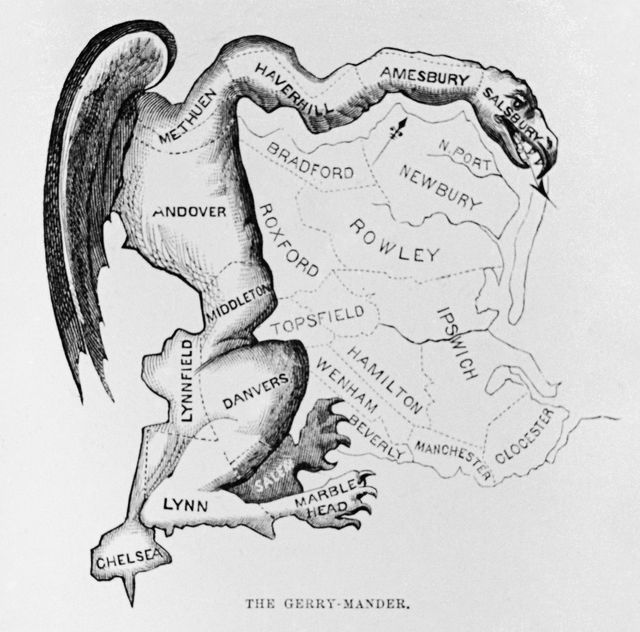 the term "gerrymander" stems from this gilbert stuart cartoon of a massachusetts electoral district twisted beyond all reason stuart thought the shape of the district resembled a salamander, but his friend who showed him the original map called it a "gerry mander" after massachusetts governor elbridge gerry, who approved rearranging district lines for political advantage