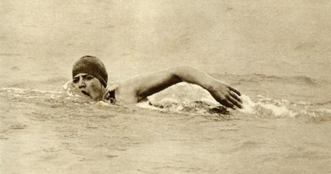 gertrude ederle, first woman to swim the channel, 1926, 1935 'miss gertrude ederle 1905 2003, the young american swimmer, was the first woman to swim the channel between england and france she also established a new record by swimming from france to england on august 6 1926 in 14 hours 31 minutes, thus beating the previous record by about two hours' from quotthe silver jubilee book   the story of 25 eventful years in picturesquot odhams press ltd, london, 1935