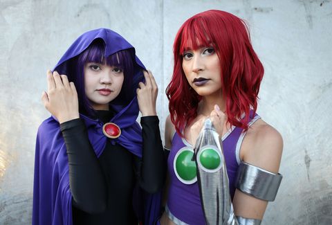 Clothing, Costume, Purple, Cosplay, Hair coloring, Anime, Cool, Wig, Hime cut, Red hair, 