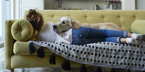 Girl sleeping on couch with her Golden Retriever dog