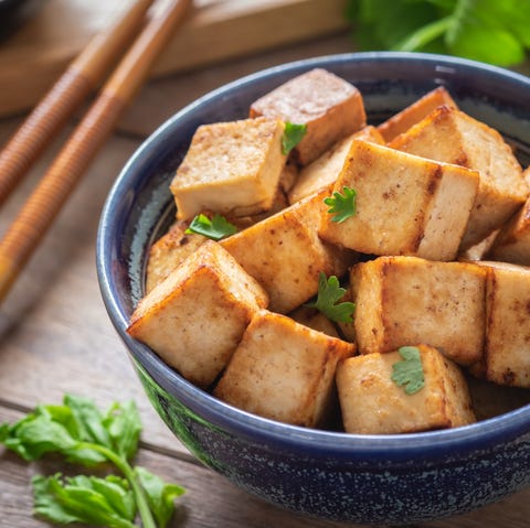 Fried tofu in bowl, Vegetarian food