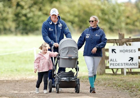 stroud, united kingdom   september 09 embargoed for publication in uk newspapers until 24 hours after create date and time mike tindall and zara tindall with their daughters mia tindall and lena tindall in her pram attend day 3 of the whatley manor horse trials at gatcombe park on september 9, 2018 in stroud, england photo by max mumbyindigogetty images