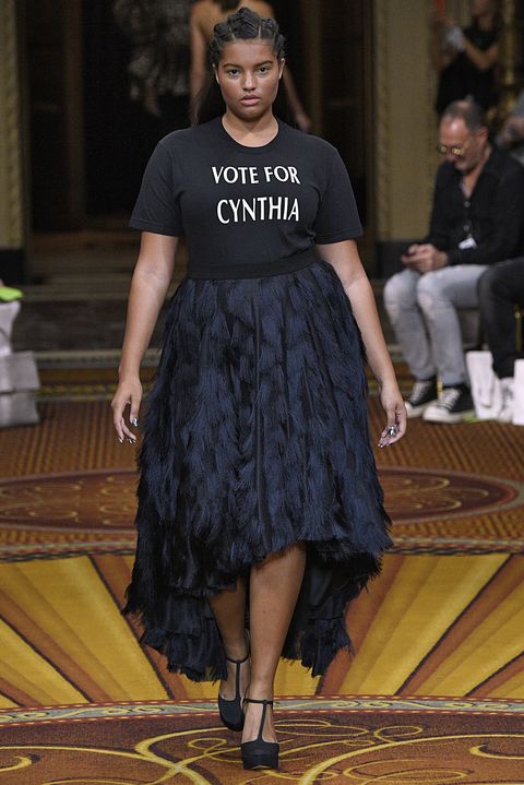 new york, ny   september 08 a model walks the runway with a vote cynthia nixon tshirt at the christian siriano springsummer 2019 fashion show during new york fashion week on september 8, 2018 in new york city photo by victor virgilegamma rapho via getty images