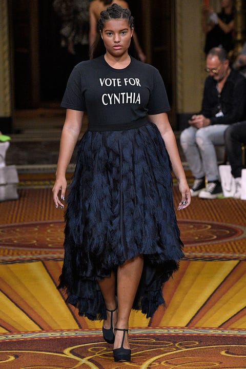 new york, ny   september 08 a model walks the runway with a vote cynthia nixon tshirt at the christian siriano springsummer 2019 fashion show during new york fashion week on september 8, 2018 in new york city photo by victor virgilegamma rapho via getty images