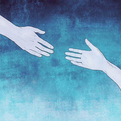 Two hands reaching for each other