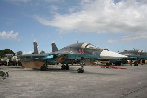 Russian Suchoi su 34 fighter-bombers seen at Hamaimim airbase, Syria, May 04, 2016