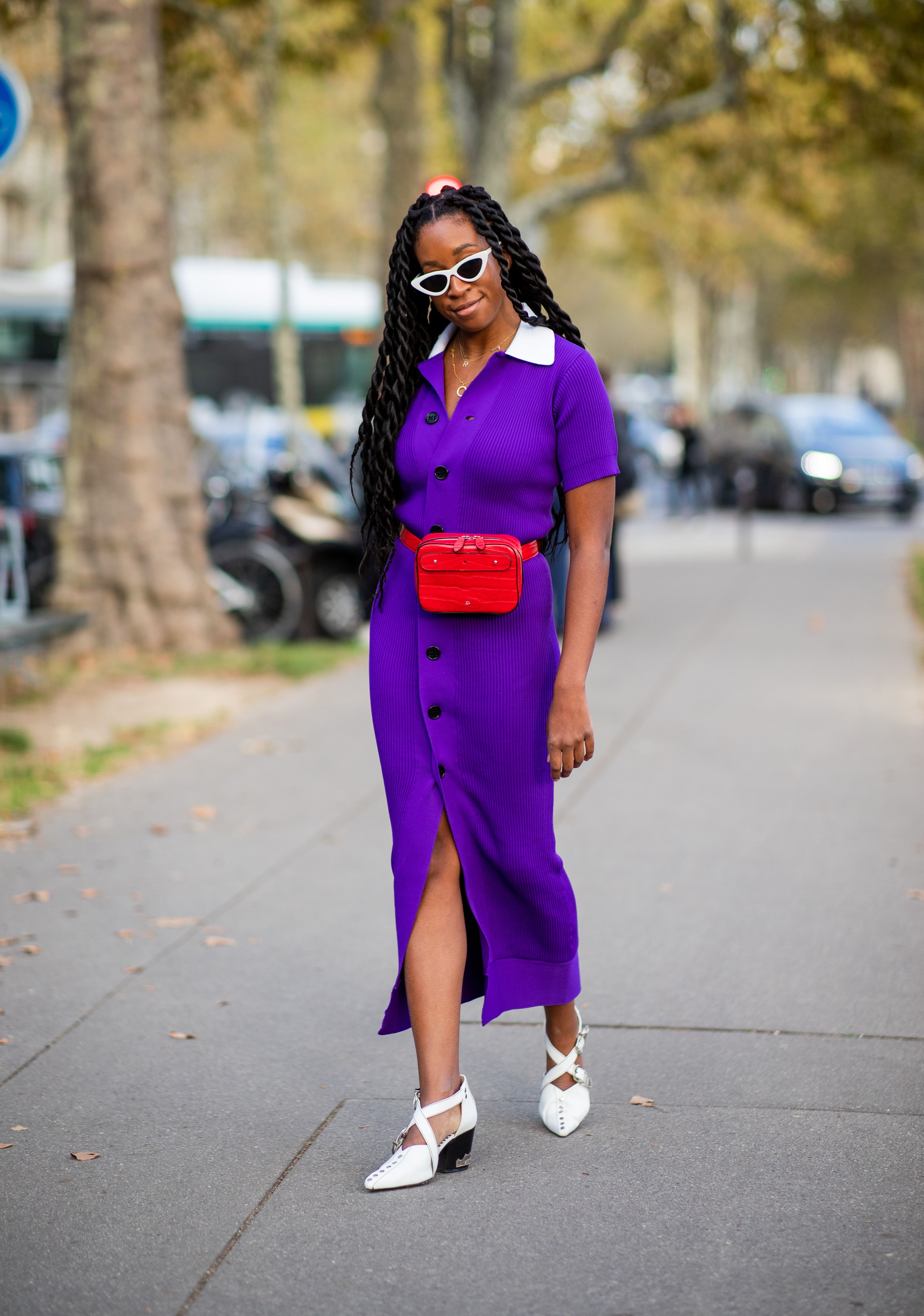 lavender and red outfit