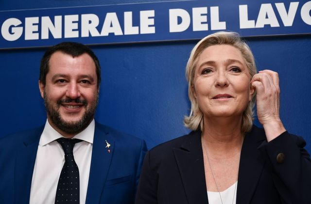 italys interior minister, matteo salvini l and leader of frances far right national rally rn party, marine le pen pose prior to attending a debate on the theme economic growth and social prospects in a europe of nations on october 8, 2018 at the headquarters of the unione generale del lavoro ugl, general union of labor trade union in rome photo by alberto pizzoli  afp        photo credit should read alberto pizzoliafp via getty images