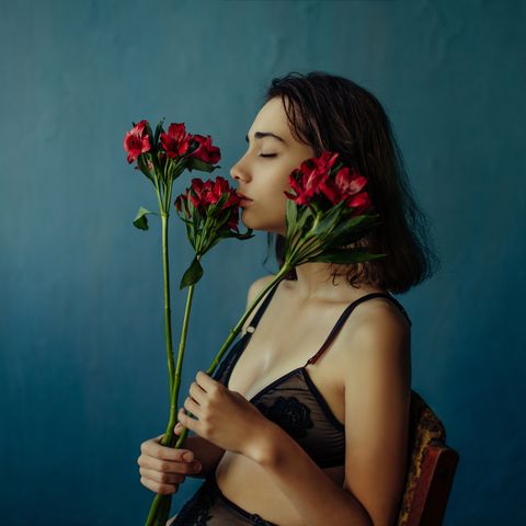 Red, Blue, Beauty, Flower, Plant, Photo shoot, Photography, Lip, Black hair, Floral design, 