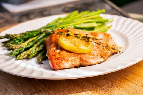 Grilled salmon on a plate with asparagus