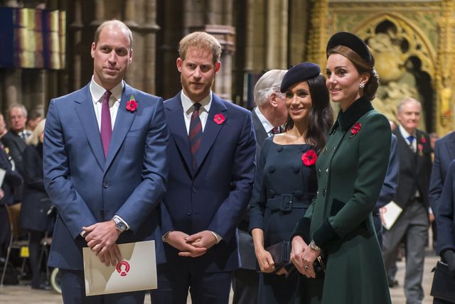 london, england   november 11 prince william, duke of cambridge and catherine, duchess of cambridge, prince harry, duke of sussex and meghan, duchess of sussex attend a service marking the centenary of ww1 armistice at westminster abbey on november 11, 2018 in london, england the armistice ending the first world war between the allies and germany was signed at compiègne, france on eleventh hour of the eleventh day of the eleventh month   11am on the 11th november 1918 this day is commemorated as remembrance day with special attention being paid for this year’s centenary  photo by paul grover  wpa poolgetty images