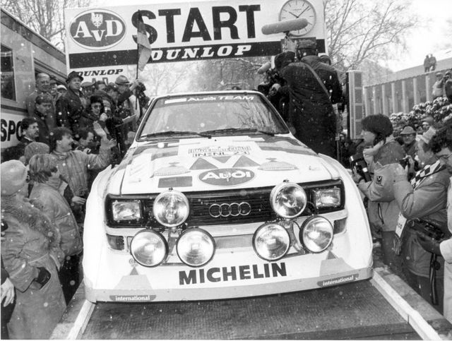 slight snow flurries accompany the start of the 54th rallye monte carlo for german driver walter röhrl inside car, r and his co driver christian geistdörfer inside car, l in their audi quattro on 18 january 1986 in bad homburg, germany  usage worldwide photo by thomas wattenbergpicture alliance via getty images