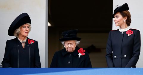 Camilla, Duchess of Cornwall, Queen Elizabeth II and Catherine, Duchess of Cambridge attend the annual Remembrance Sunday Service at The Cenotaph on November 11, 2018 in London, England. The armistice ending the First World War between the Allies and Germany was signed at Compiègne, France on eleventh hour of the eleventh day of the eleventh month - 11am on the 11th November 1918. This day is commemorated as Remembrance Day with special attention being paid for this year's centenary.
