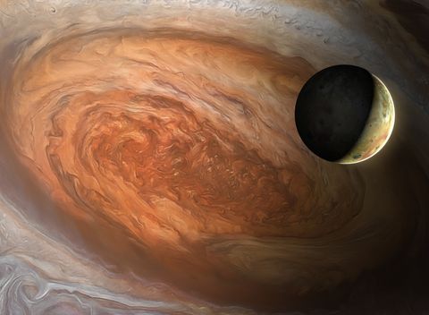 Illustration of Jovian Moon io, seen against the background of Jupiter's Great Red Spot, the latter being a vast cyclonic storm wider than the entire Earth that has erupted for centuries io, highly volcanic world, Jupiter's deepest Galilean moon