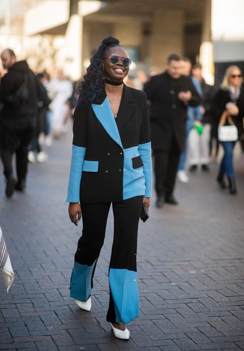london, england   february 17 a guest is seen wearing black blue two tone suit outside roland mouret during london fashion week february 2019 on february 17, 2019 in london, england photo by christian vieriggetty images